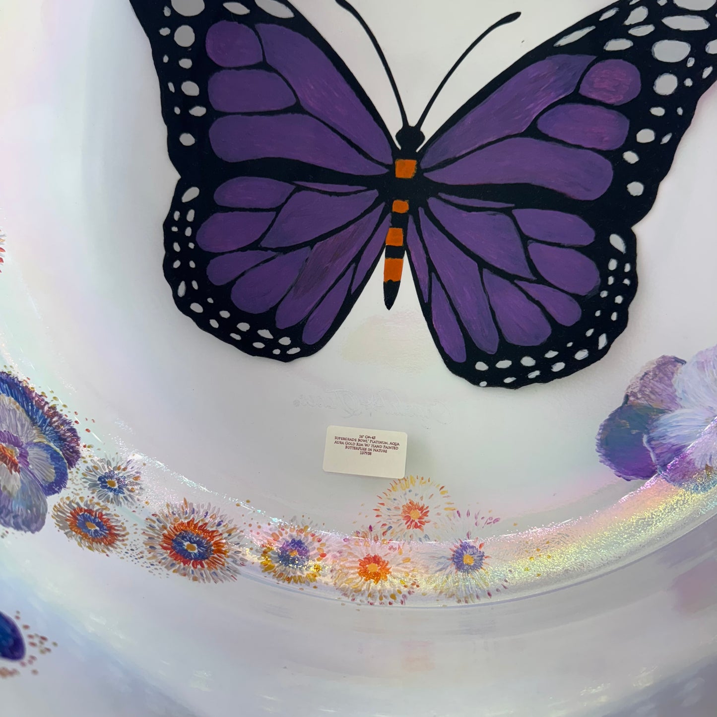 16" G#+45 SUPERGRADE BOWL PLATINUM, AQUA AURA GOLD RIM W/HAND PAINTED BUTTERFLIES IN NATURE
