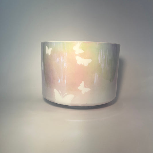 8" F#+30 MOTHER OF PLATINUM, FROSTED RIM INSIDE, W/MEDIUM ETCHED BUTTERFLIES