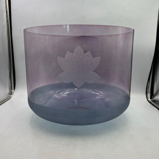 16" G#0 SUPER GRADE BOWL, VIOLET AURA GOLD FROSTED (BASE),WITH ETCHED LOTUS FLOWER