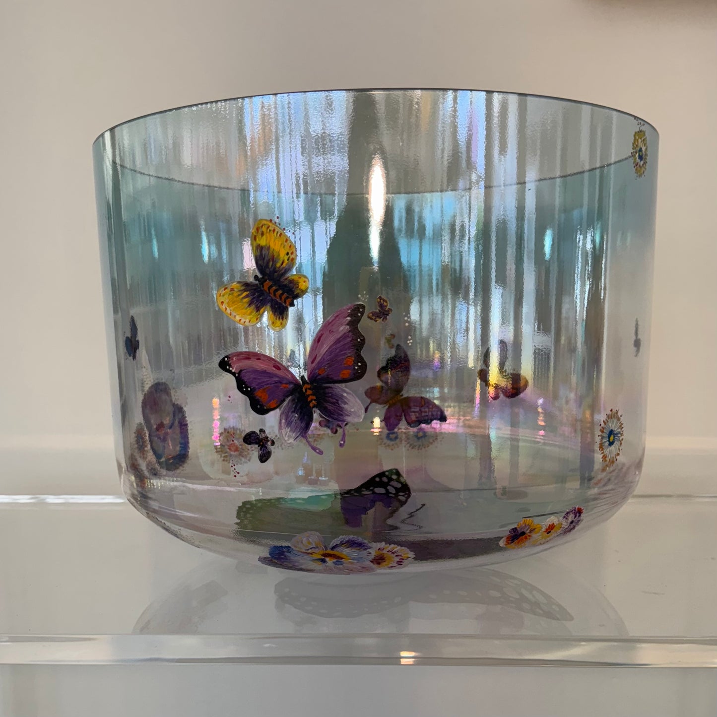 16" G#+45 SUPERGRADE BOWL PLATINUM, AQUA AURA GOLD RIM W/HAND PAINTED BUTTERFLIES IN NATURE