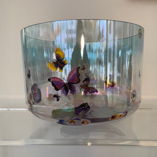 16" G#+45 SUPERGRADE BOWL PLATINUM, AQUA AURA GOLD RIM W/HAND PAINTED BUTTERFLIES IN NATURE