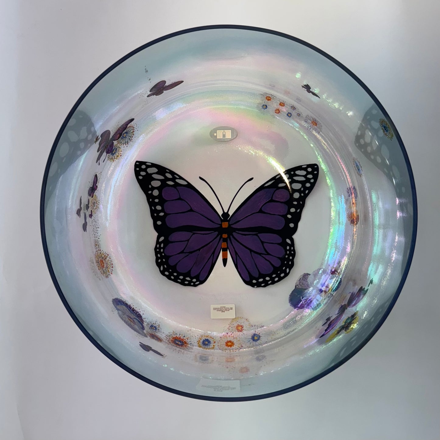 16" G#+45 SUPERGRADE BOWL PLATINUM, AQUA AURA GOLD RIM W/HAND PAINTED BUTTERFLIES IN NATURE