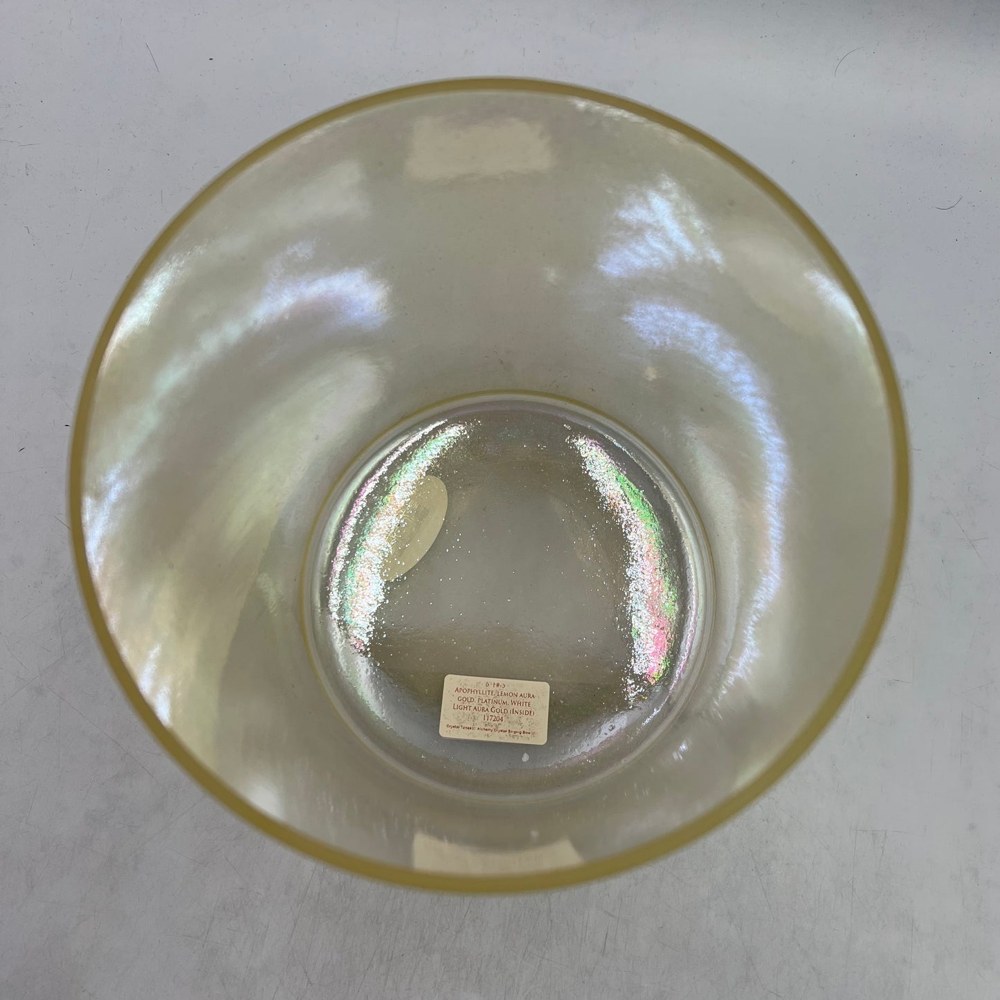 6"F#-5 APOPHYLITE, LEMON AURA GOLD, PLATINUM, WHITE LIGHT AURA GOLD (INSIDE) BOWL